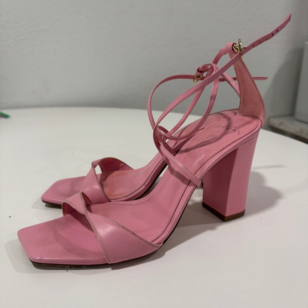 Alexandre Birman Pink Leather Strappy Block Heel‎ Sandals Square Toe Heels